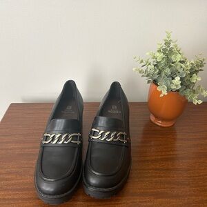 10M Black Chunky Loafers with 2” Block Heel Brass Tone Chain